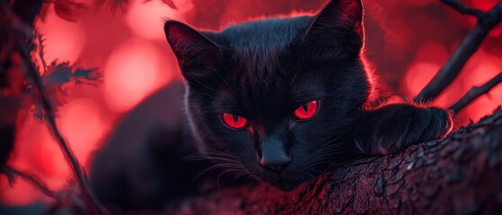 Wall Mural -  A black cat perches on a tree branch, its red eyes stark against the night, a nearby branch prominent in the foreground