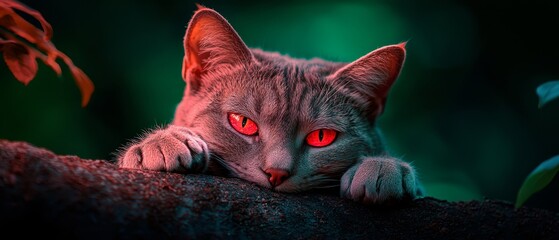 Canvas Print -  A tight shot of a feline with scarlet eyes perched on a tree limb, a plant nearby