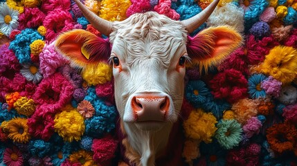 A fluffy colorful cow surrounded by colorful fluffy objects, with the cow's face in the center,