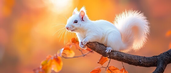 Canvas Print -  A white squirrel atop a tree branch, adjacent to one laden with leaves, against a hazy backdrop