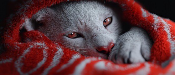 Canvas Print -  A tight shot of a cat hidden under a red-and-white blanket, its face and eyes concealed