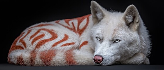 Canvas Print -  A white wolf sporting a red-and-white pattern in its fur reclines, gazing directly into the camera