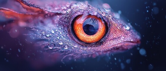 Poster -  Close-up of fish eye with water drops on iris against a blue backdrop