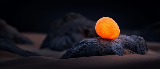 Canvas Print -  A glowing orange orb atop a rock, surrounded by a sandy expanse Behind it rises a mountain