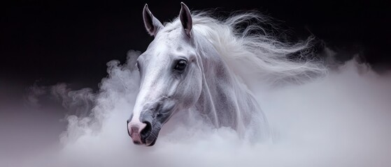 Poster -  A white horse with a long mane stands in a foggy landscape, turning its head to the side and gazing at the camera