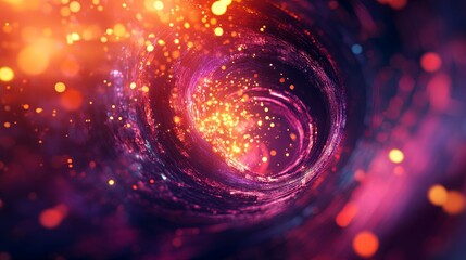 Wall Mural - Abstract animation of colorful particles flowing through a neon portal, vibrant red hues with dynamic light circles blooming in fluid motion.