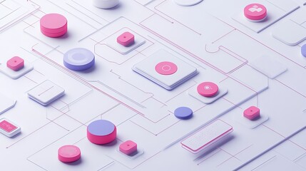 UX/UI flowchart. Node-graphic design. Creative planning. Application process. Development data prototype. Wireframe for web/mobile. Icon phone. User experience concept. 3D rendering. 