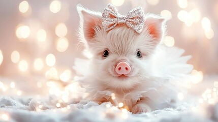   A pig with a bow sits on white fabric, lit background