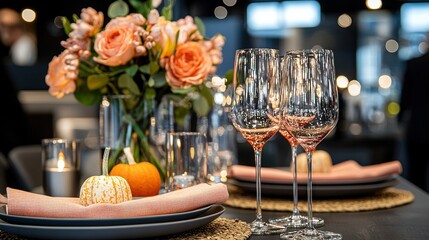   A close-up of two wine glasses on a table with a vase of flowers and a pumpkin on the plate