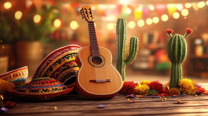 Wall Mural - A traditional Mexican sombrero, guitar, and cacti on a wooden table with festive lights in the background.