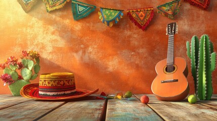 Wall Mural - A colorful sombrero, guitar, cactus, and festive decorations adorn a rustic wooden tabletop against a vibrant orange wall, creating a festive Mexican ambiance.