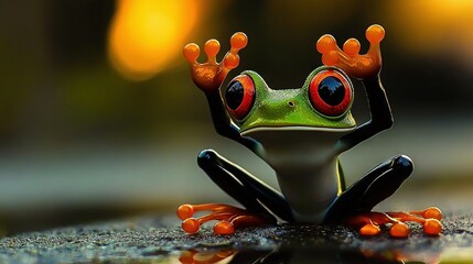   A close-up photo of a frog with red eyes on its face and a black body with orange legs