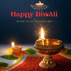 Happy Diwali with Diya oil lamps lite during Diwali Hindu festival of lights celebration