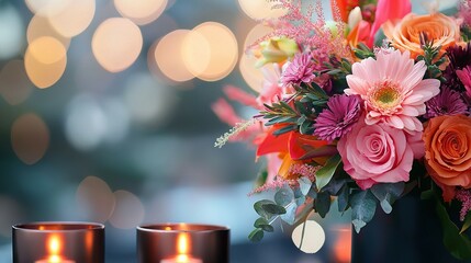 Wall Mural -  A vase brimming with pink and orange blossoms sits beside two miniature vases filled with orange and pink petals