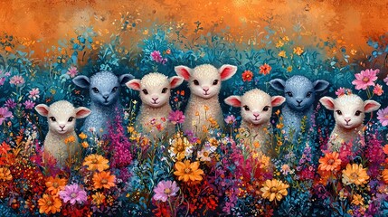 Wall Mural -   A painting of a group of sheep grazing in a field of vibrant wildflowers and daisies, with a warm orange sky as the backdrop