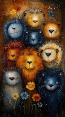   Lions surrounded by flowers on a brown-black background