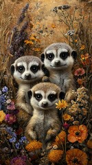   Three baby meerkats in a field of wildflowers and daisies, with a bird in the background