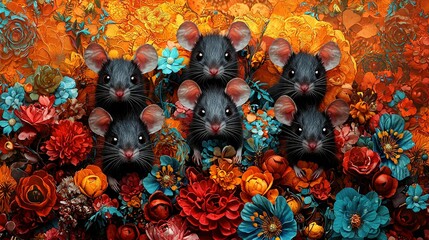 Canvas Print -   A trio of black mice amidst vibrant red, orange, and blue blossoms against a yellow-orange backdrop