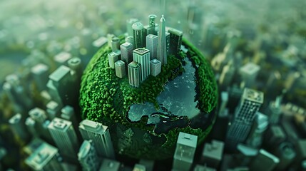 A stylized globe with urban buildings and greenery, symbolizing environmental sustainability and urbanization.