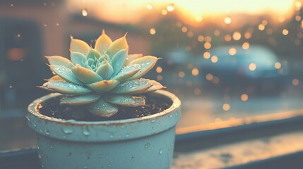   A small potted plant sits on a window sill, nestled beside a rain-drenched one