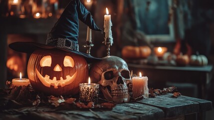 Wall Mural - Halloween setup featuring carved pumpkins skull witch hat and lit candles on rustic table