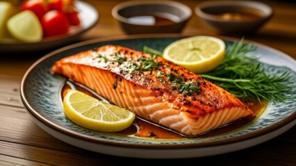 Wall Mural -  Deliciously grilled salmon with lemon and herbs ready to be savored