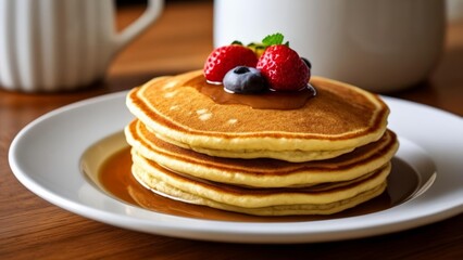 Sticker -  Deliciously stacked pancakes with fresh berries and syrup ready to be enjoyed