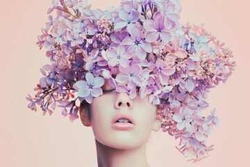 A woman with a floral headdress made of pink and purple blossoms against a soft pastel background, embodying beauty and nature