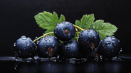 Wall Mural -   A painting depicts several blueberries adorned with water droplets and topped by a green leaf