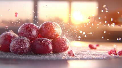 Wall Mural -   Red fruit pile on frosted table, sun shining through window