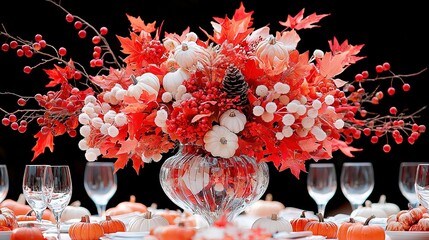 Wall Mural -   A red-and-white flower vase sits on a table alongside wine glasses