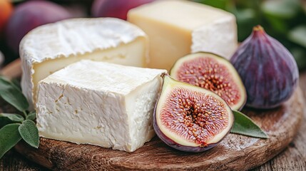 Wall Mural -   A couple of cheeses atop wooden cutting board beside figs and knife