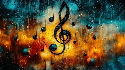 Wall Mural -   A painting depicts a treble on a foggy window with raindrops on the glass and a hazy backdrop