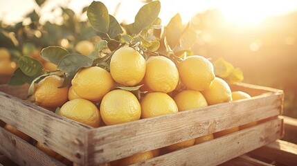 Sticker -   Wooden table with yellow lemons in wooden crate, sun shining through tree branches in background