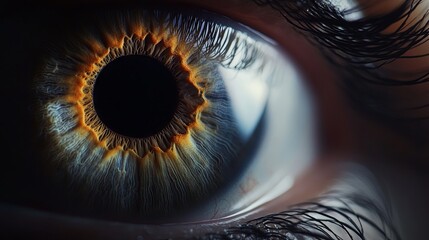 Detailed closeup of a human eye with superimposed circular graphics, highlighting the iris and pupil against a dark backdrop.