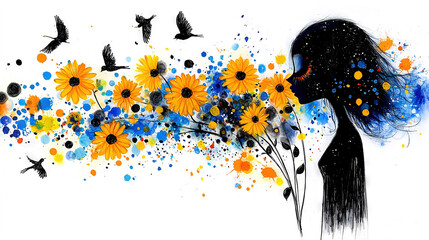 Wall Mural -   A portrait of a woman cradling a bouquet of sunflowers against her face, with avian companions soaring above