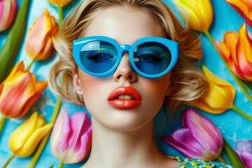 Wall Mural - Young woman wearing stylish blue sunglasses poses among vibrant tulips in a colorful springtime setting