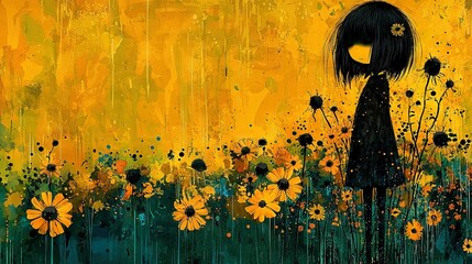   A painting of a girl standing in a field of daisies against a yellow-green background