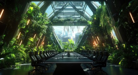 A futuristic conference room with a large glass ceiling and lush greenery on the walls.  The room is filled with natural light and has a view of a city skyline.