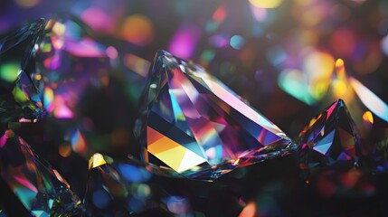 Crystal prism light scattering vibrant colors over a dark backdrop, holographic reflections with a dreamy bokeh overlay.