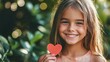 © Art Fusion - Cute girl smiling while holding a tiny red paper heart, symbolizing kindness and affection.