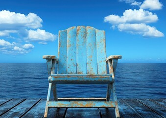 Weathered blue chair rests on pier facing calm ocean and fluffy clouds