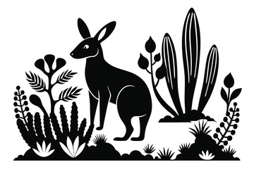 Wall Mural - wallaby in plants and cactus white background A.eps