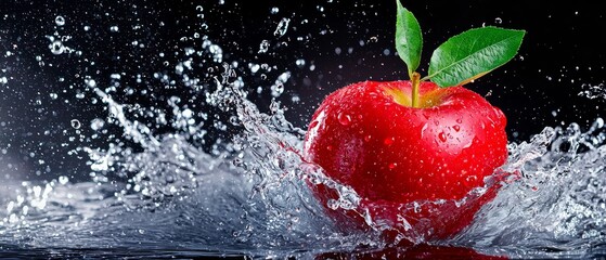  A red apple, its side adorned with a green leaf, splashes water against a black backdrop