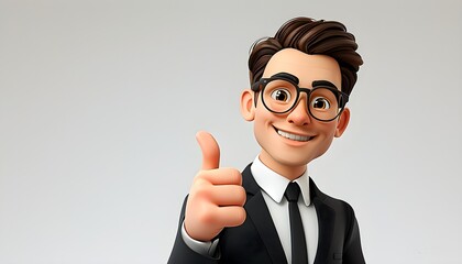 Wall Mural - Joyful Businessman Cartoon Character Expressing Success with Thumbs Up Gesture in 3D Animation, Radiating Positivity and Professionalism Against a Clean Background