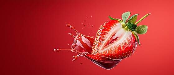 Wall Mural -  A macro shot of a strawberry submerging into a crimson-hued glass, leaving ripples A verdant leaf peeks out above the rim