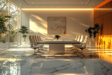 Poster - A group of executives discussing strategy in a clean, minimalist boardroom, with only a table and chairs in the space.