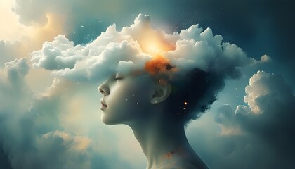 Ethereal Abstract Art of a Mans Cloud-Shaped Head Symbolizing Imagination and Surreal Dreams in a Mysterious Atmosphere