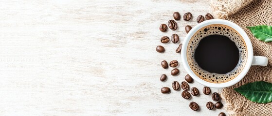 Wall Mural -  A cup of coffee atop a table, nearby sits a stack of coffee beans and a verdant leaf