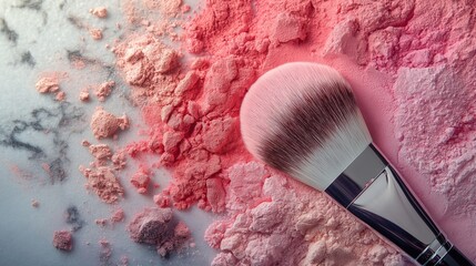 Image of crushed eyeshadow powders in vibrant colors next to a makeup brush.